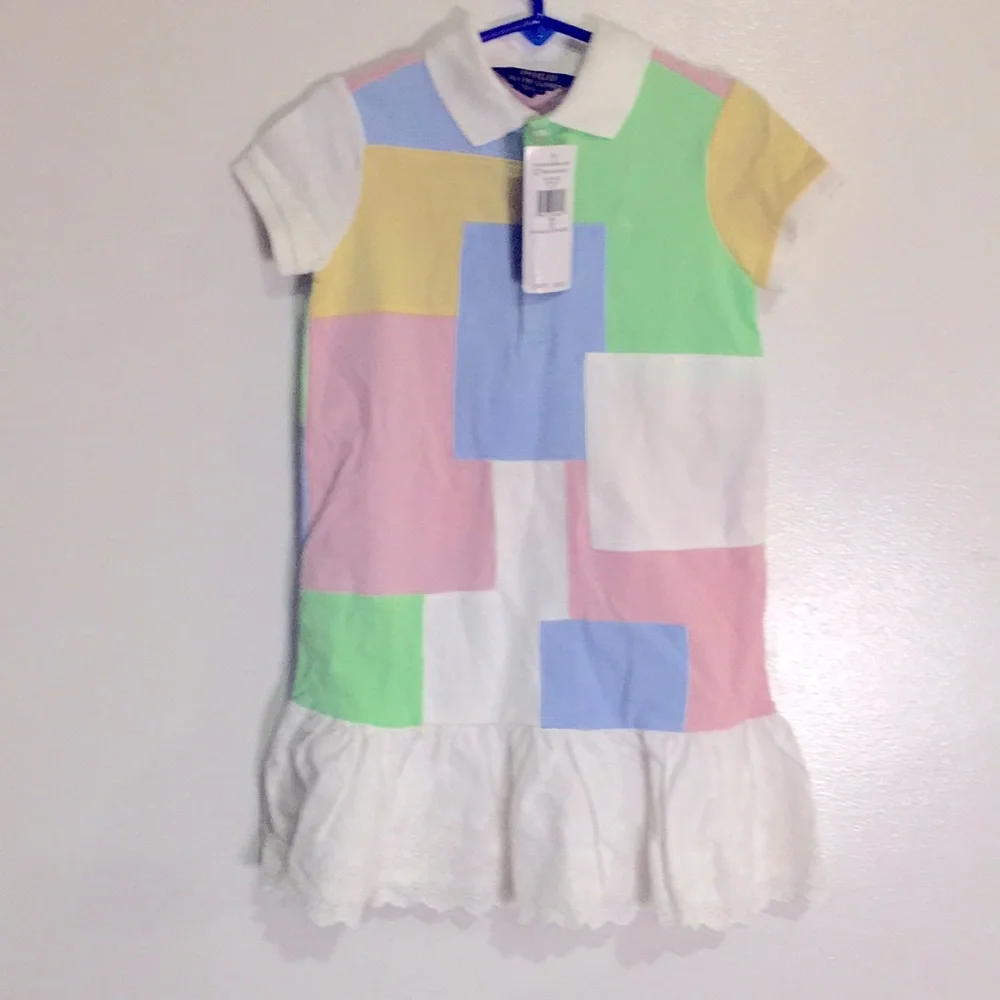 Ralph Lauren Polo Patch work Dress Size 5 NEW Light Colors Eyelet Lace hem Cute - Picture 1 of 8